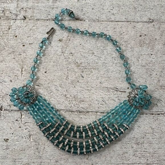Vintage 1950s Aqua Multi Strand Rhinestone Beaded Necklace - Picture 1 of 9